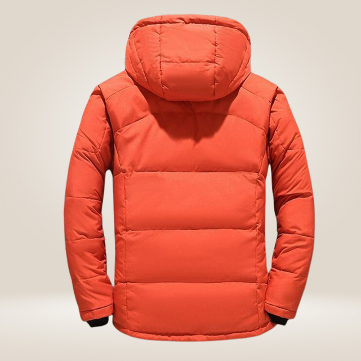 Winterjacke in Rot, wind- und wasserabweisend, mit Daunenfutter, stilvoller Schutz für kalte Tage, Herrenmantel.