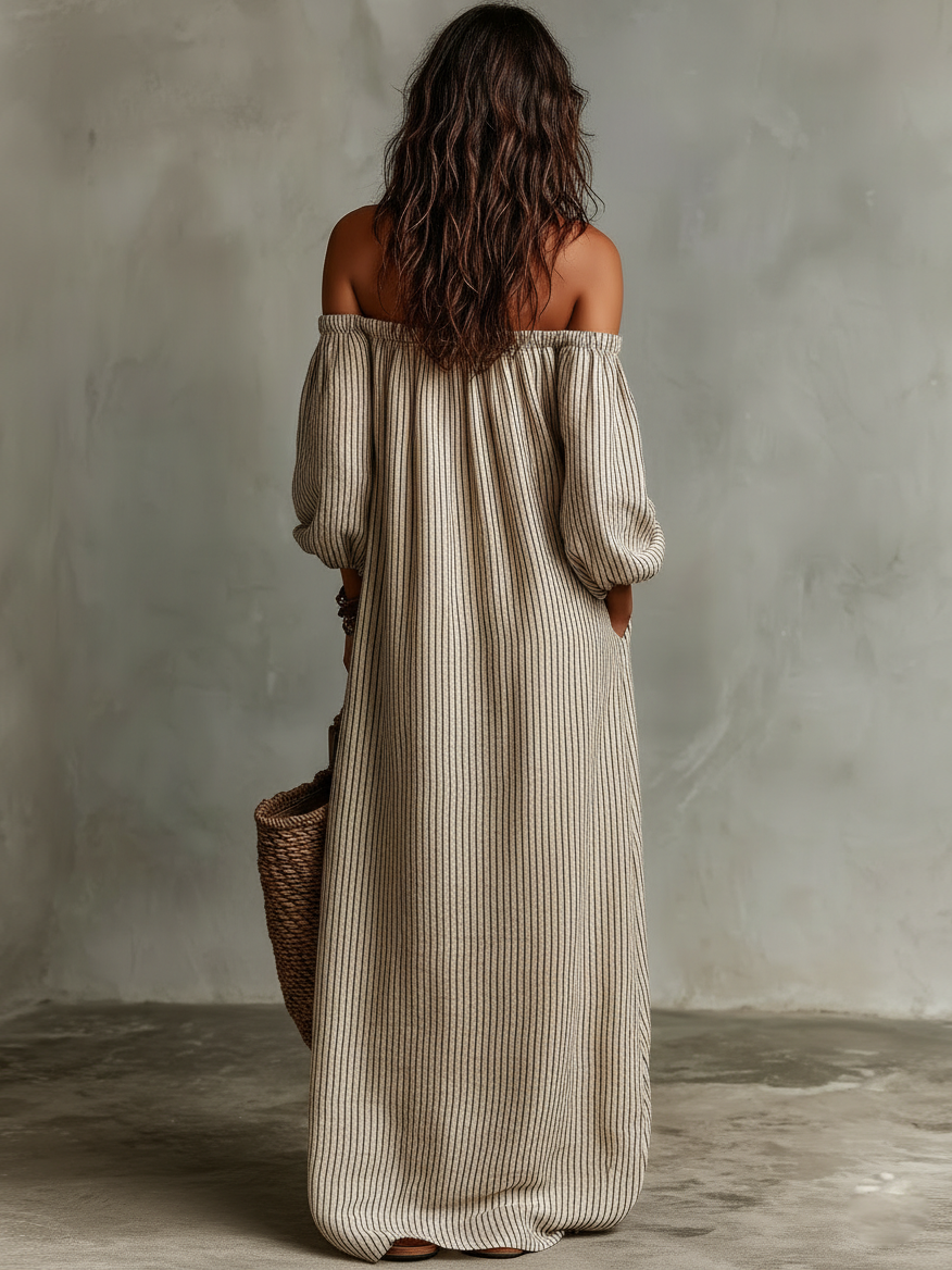 Bohemian striped off-shoulder maxi dress with puff sleeves, ideal for beach vacations & relaxed summer days.