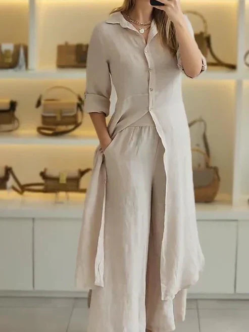 Comfortable casual women's 3/4 sleeve shirt maxi dress with button down front for summer.