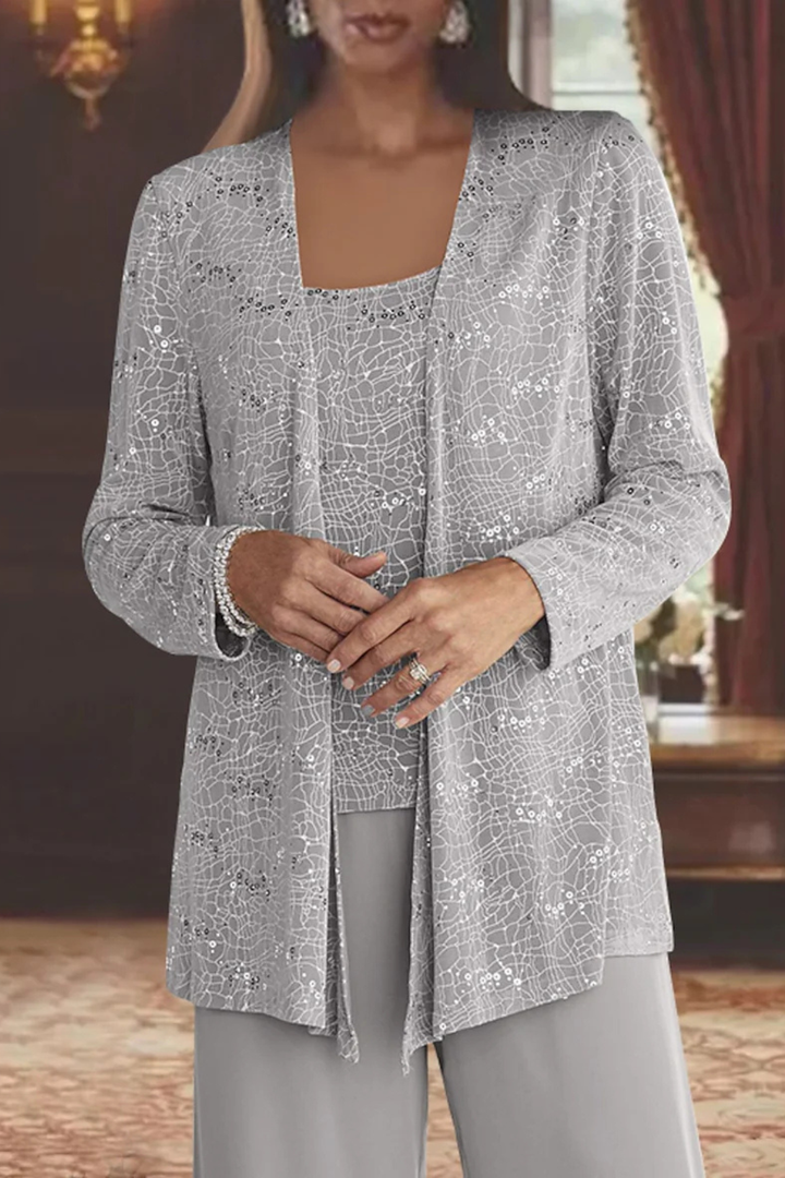 Chic women's formal coordinated ensemble, a three-piece set with a graceful flowing design.