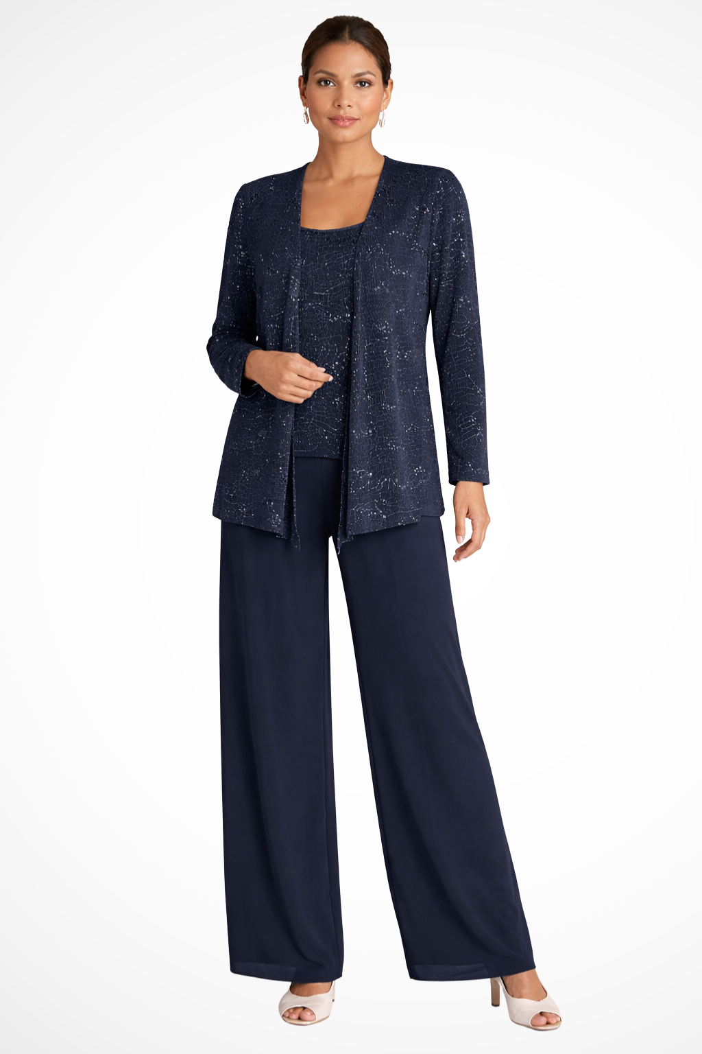 Women's formal three-piece evening dress set, an elegant party outfit with a flowing design.