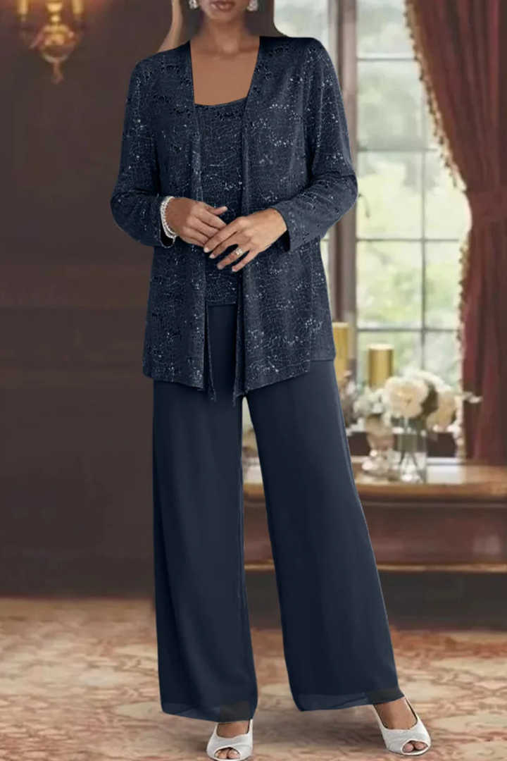 Stylish women's 3-piece formal evening set, featuring a sophisticated flowing silhouette.