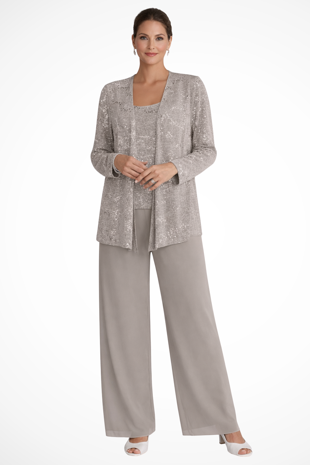 Luxurious women's three-piece evening ensemble, a formal set with an elegant flowing silhouette.