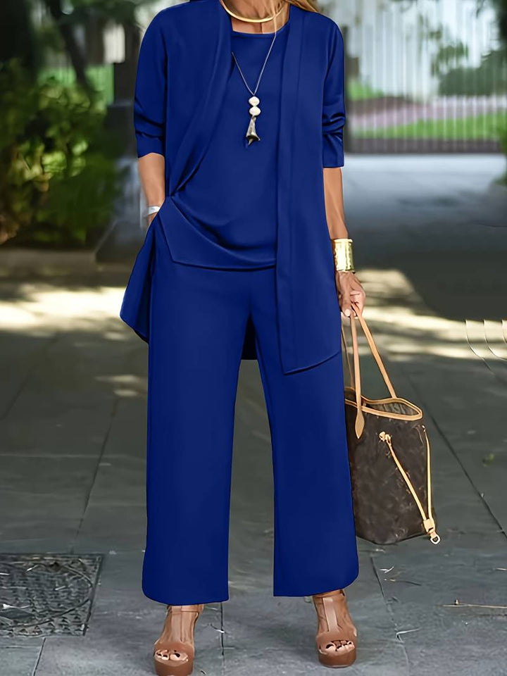 Versatile women's fall fashion: 3 piece long sleeve round neck wide leg matching set.