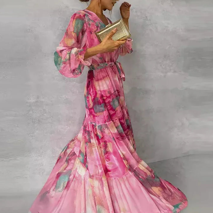 Romantic abstract floral tiered maxi dress for women. Perfect wedding guest or evening wrap V-neck style.