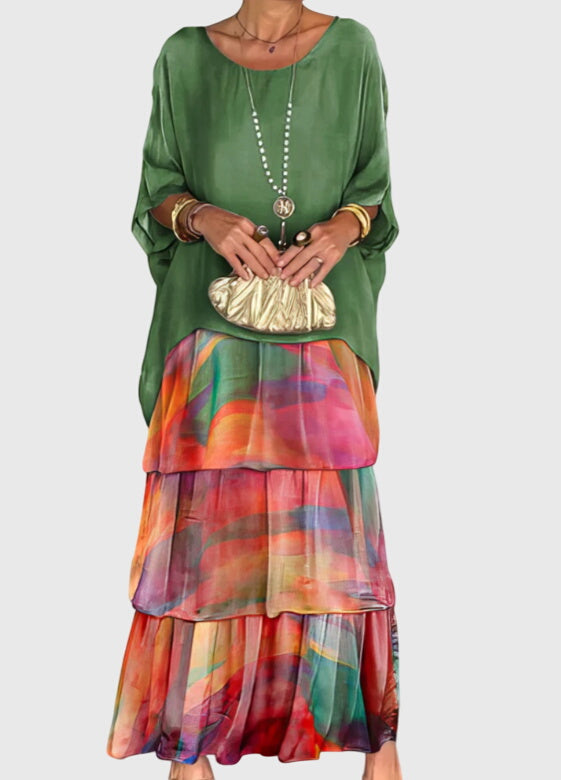 Women's abstract print tiered boho flowy maxi dress, perfect for summer.