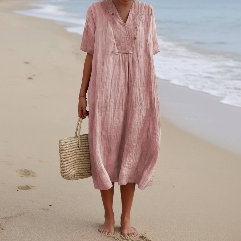 Elegant Aria summer midi dress for women. Flowy A-line V-neck style with pockets, offering ultimate comfort & fashion.