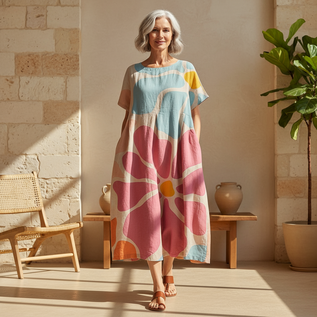 Women's artistic print relaxed midi dress with short sleeves & round neck, perfect for casual summer wear.