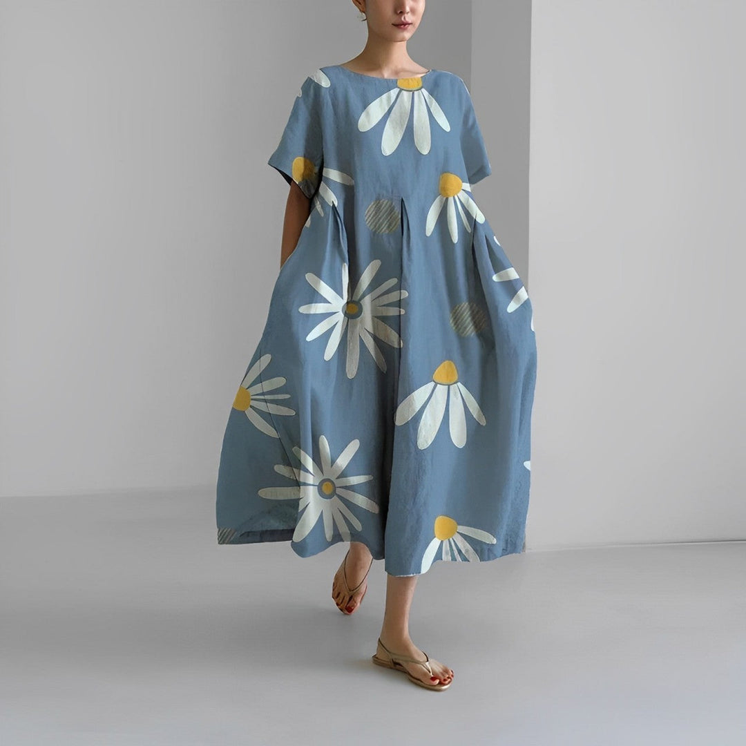 Elegant women's artistic print midi dress, relaxed and flowy. The perfect short sleeve summer vacation dress.