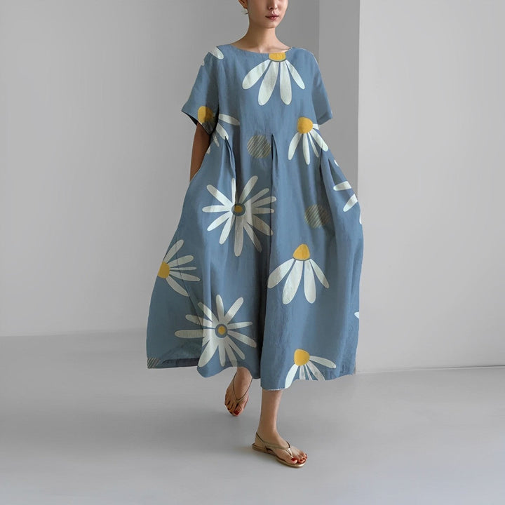 Elegant women's artistic print midi dress, relaxed and flowy. The perfect short sleeve summer vacation dress.
