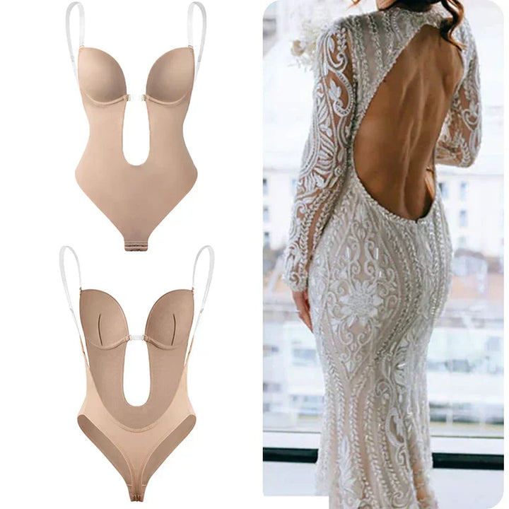 Seamless low-back body shaper for women. Provides invisible sculpting & support under formal wear & special occasion dresses.
