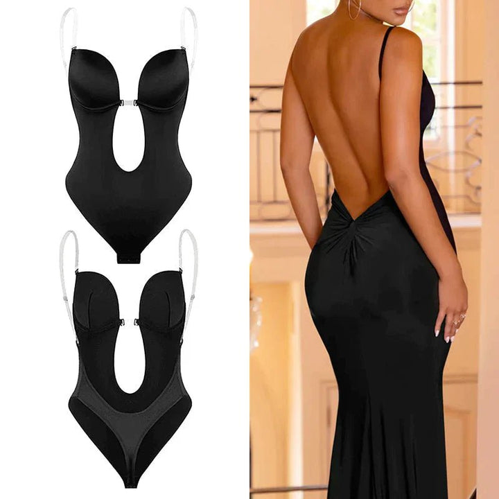 Women's backless shapewear body shaper, offering a smooth, lifted look for deep plunge dresses. Comfortable.