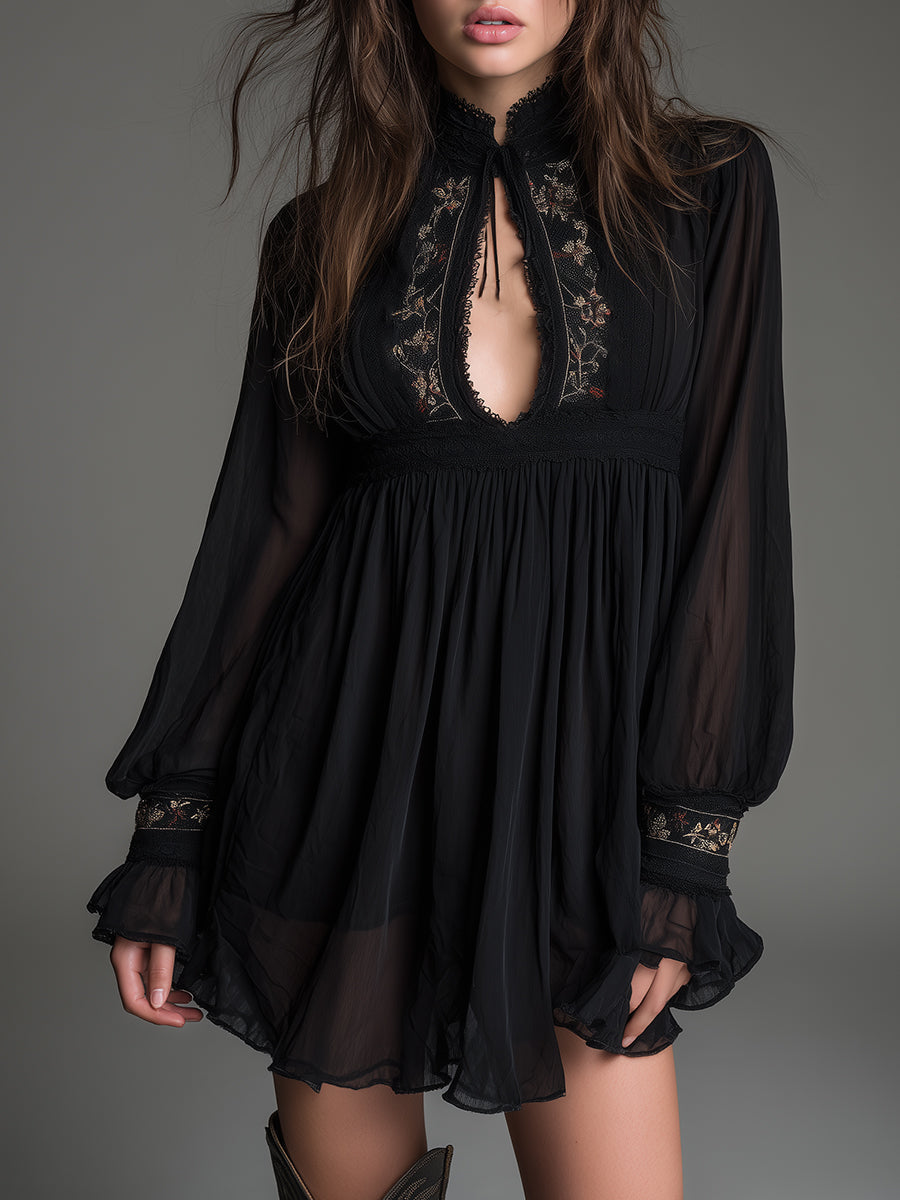 Women's black babydoll mini dress with high neck keyhole and elegant balloon sleeves. Perfect for parties & date nights.