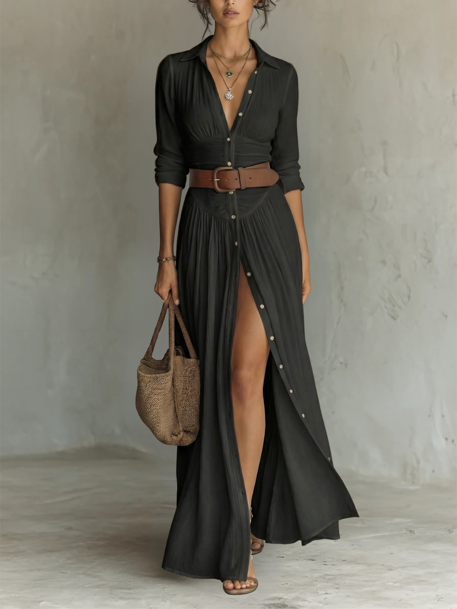 Women's black bohemian maxi dress with collared button front, long sleeves, and side slit, ideal for summer resort wear.