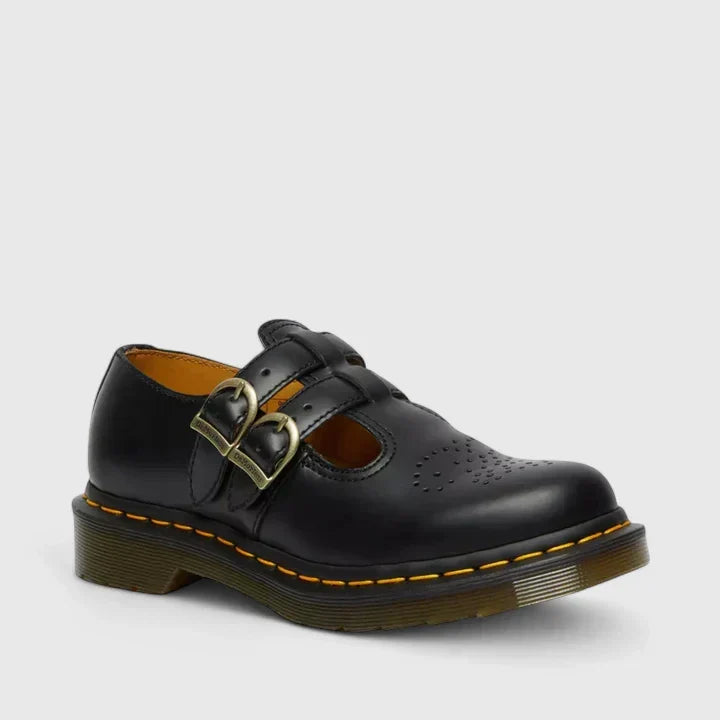 Women's black double buckle Mary Jane flats, edgy casual style for alternative fashion.