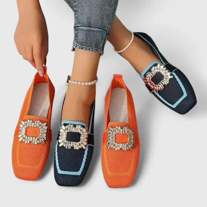 Elegant square toe flat mules for women, featuring a dazzling rhinestone buckle. Perfect dressy flats.