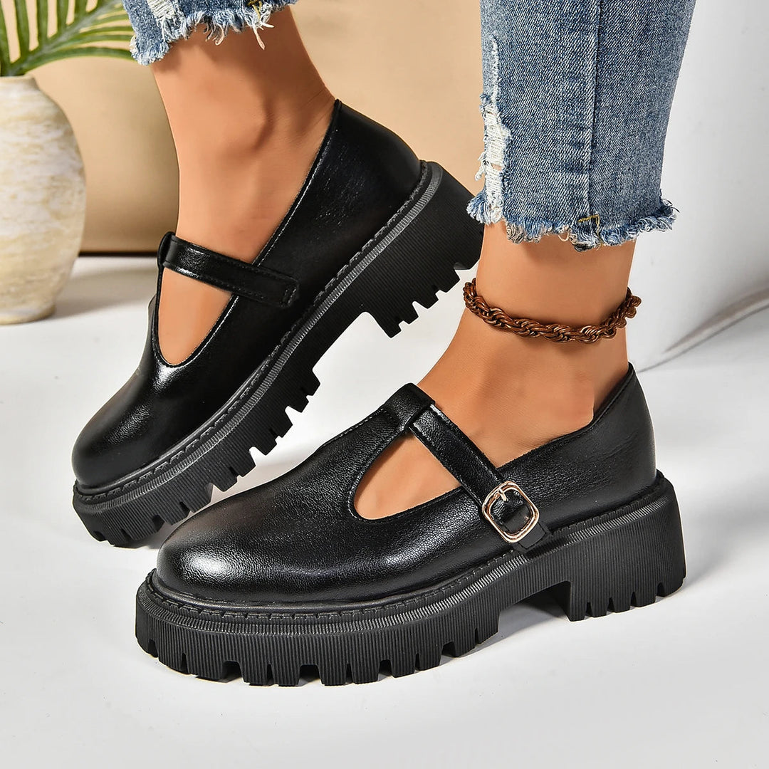 All-day comfort women's black T-strap platform Mary Jane shoes, featuring orthopedic design for superior foot support.