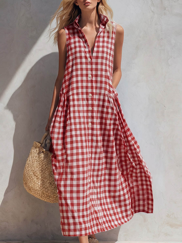 Stylish women's sleeveless collared gingham check maxi dress, great for summer fashion & casual outings.