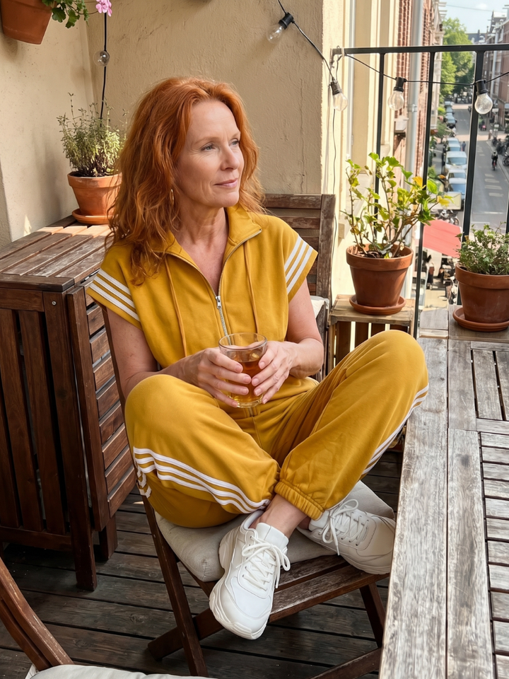 Women's full length fashion jumpsuit, zip front. Cap sleeves and sporty side stripes for a modern aesthetic.