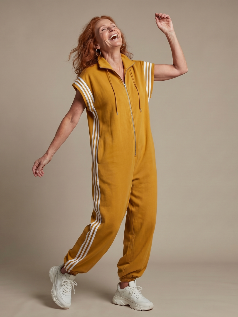 Comfortable women's fashion jumpsuit, zip front design, sporty stripes, cap sleeve, versatile and chic.
