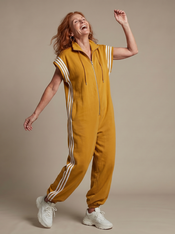 Comfortable women's fashion jumpsuit, zip front design, sporty stripes, cap sleeve, versatile and chic.
