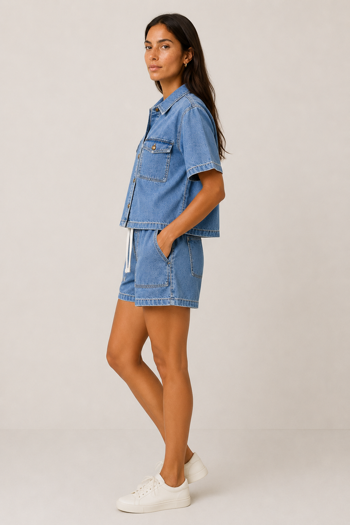 Modern women's two-piece blue denim set: short sleeve jacket & shorts for comfortable everyday style.