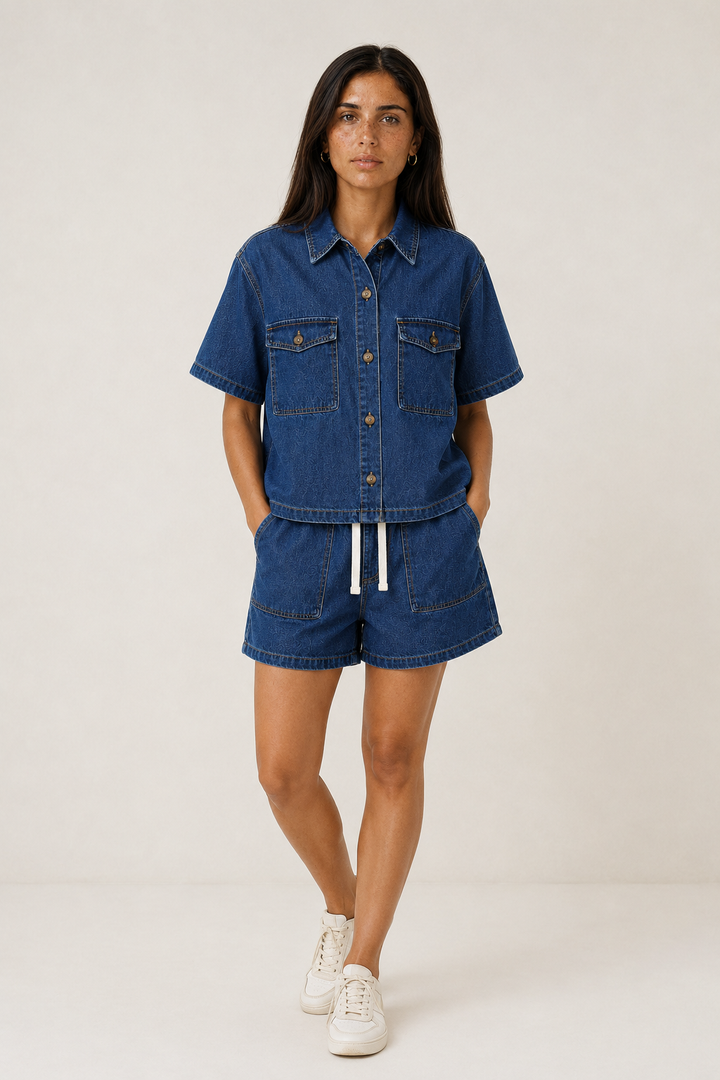 Stylish two-piece women's denim shorts set with a short sleeve jacket, perfect for casual summer days.
