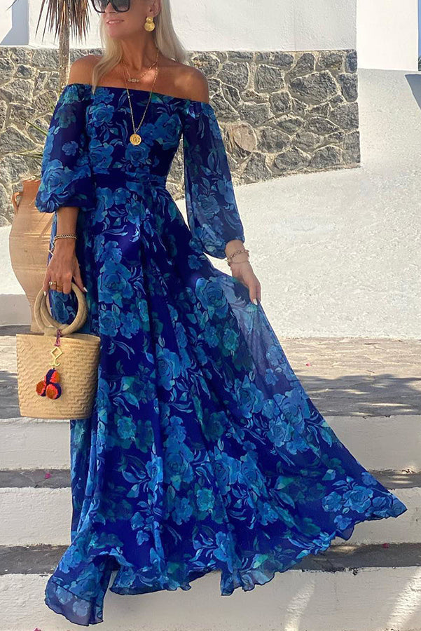 Women's blue floral boho off-shoulder maxi dress, perfect for wedding guests, summer parties, or elegant evening wear.