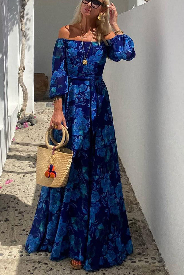 Elegant women's boho floral off-shoulder maxi wedding guest dress for summer events & vacation. Blue print.