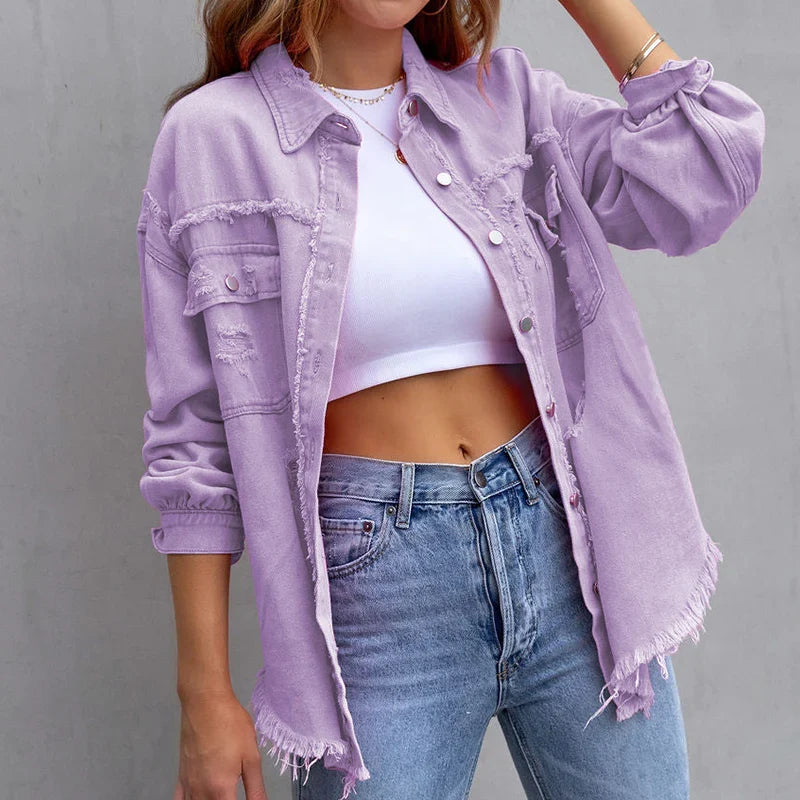 Frayed denim jacket for women, a new arrival with distressed details for stylish casual outerwear.