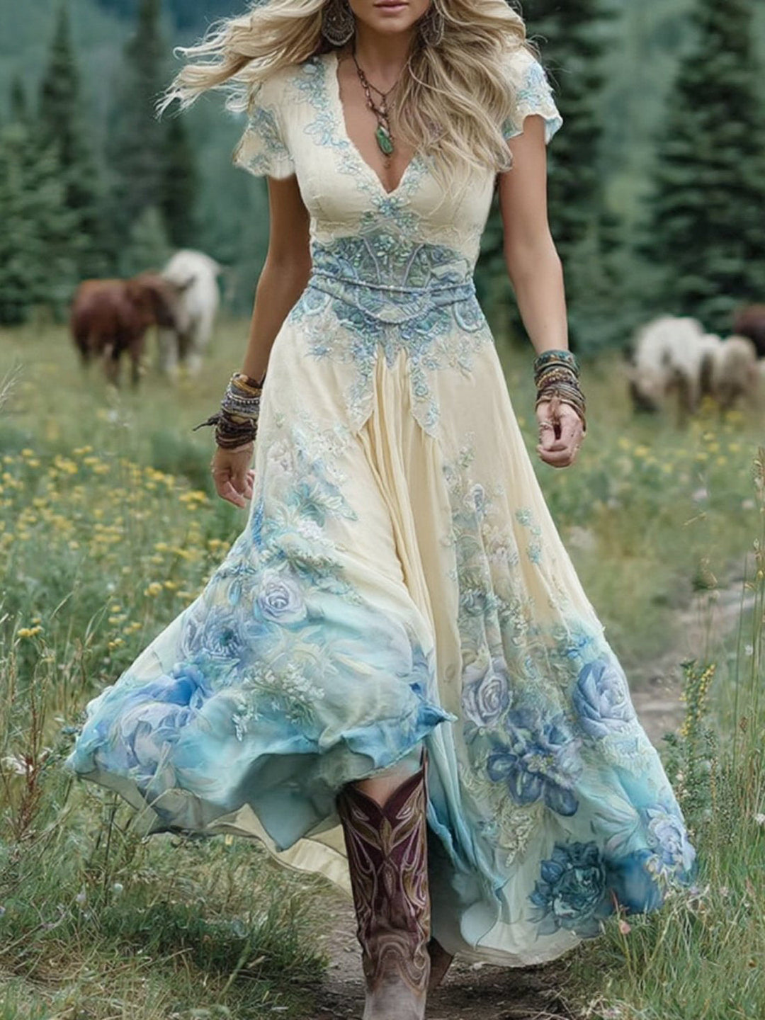 Elegant women's flowy maxi dress with flutter sleeves and a beautiful floral print, ideal for summer comfort.