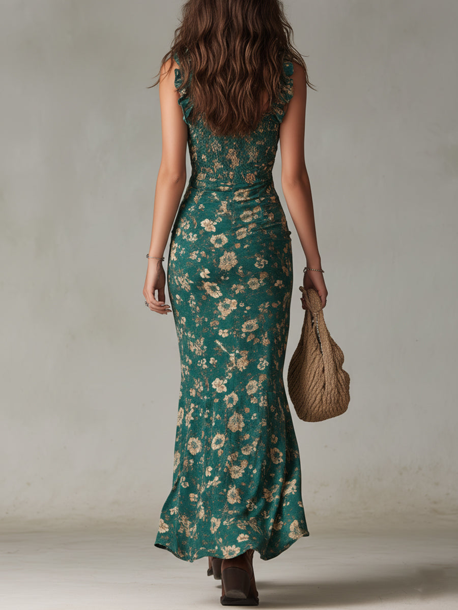 Elegant women's maxi dress featuring a vibrant floral pattern, ruffled sleeves, and a stylish high slit.