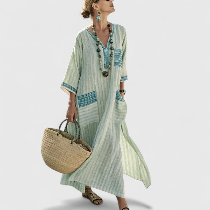 Women's Bohemian Maxi Dress with Pockets, perfect for summer casual wear.