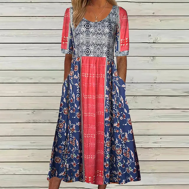 Relaxed fit women's bohemian midi dress with pockets. Comfortable short sleeve style, great for casual summer fashion.
