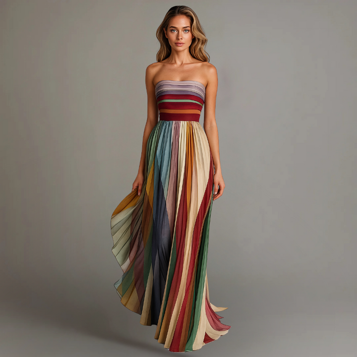 Women's bohemian pleated strapless maxi dress, multicolor and flowy, perfect for summer beach parties & vacations.