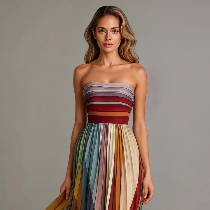 Elegant women's multicolor bohemian strapless maxi dress with pleats, ideal for summer parties and vacation wear.