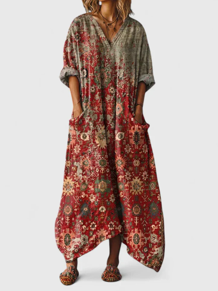 Boho wide-leg printed V-neck jumpsuit with pockets for women, ideal for summer casual wear and vacations.