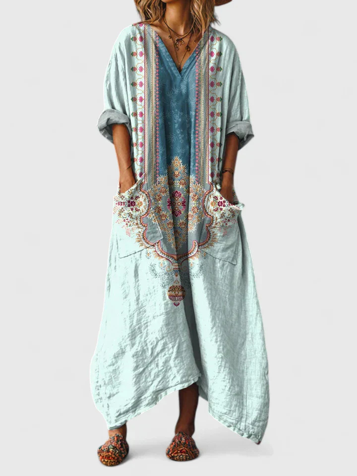 Colorful printed bohemian oversized V-neck jumpsuit with pockets, offering a loose fit for women's style.