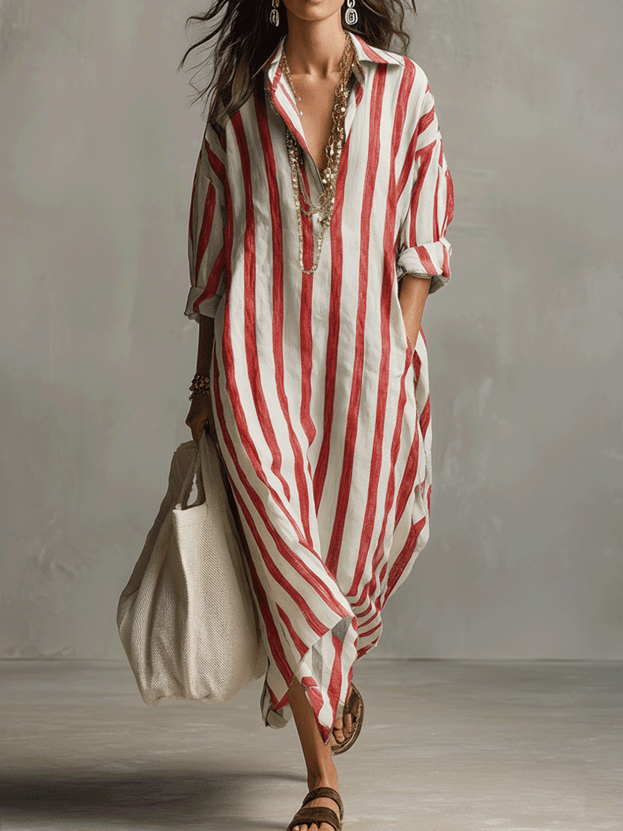 Elegant long striped maxi dress for women, a comfortable bohemian summer outfit, button-down style.