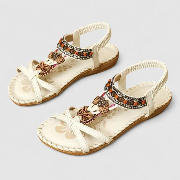 Boho beaded rhinestone flat toe ring sandals for women, perfect for beach vacations, summer parties, and casual days.