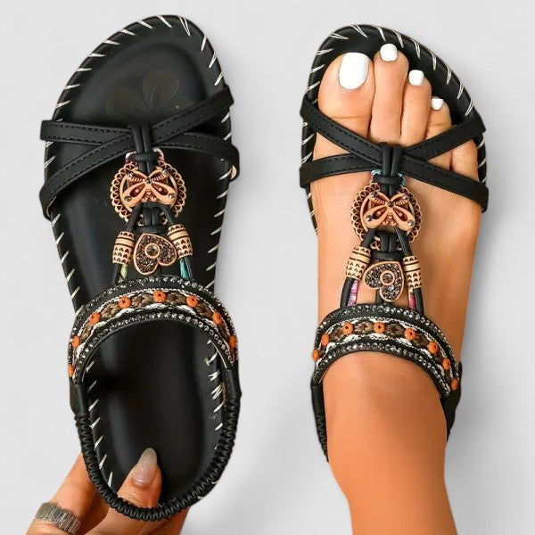 Embellished Boho festival sandals for women, featuring intricate beads, rhinestones, and a flat toe ring design.