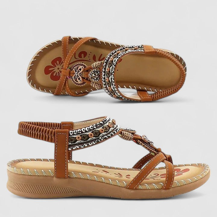 Comfortable & stylish women's Boho flat toe ring sandals, adorned with beautiful beads and sparkling rhinestones.
