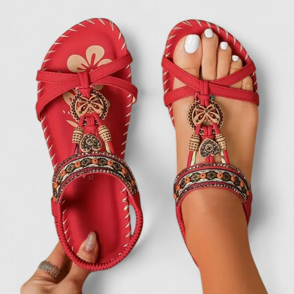 Women's Boho ethnic embroidered flat sandals with colorful details, perfect for summer comfort.