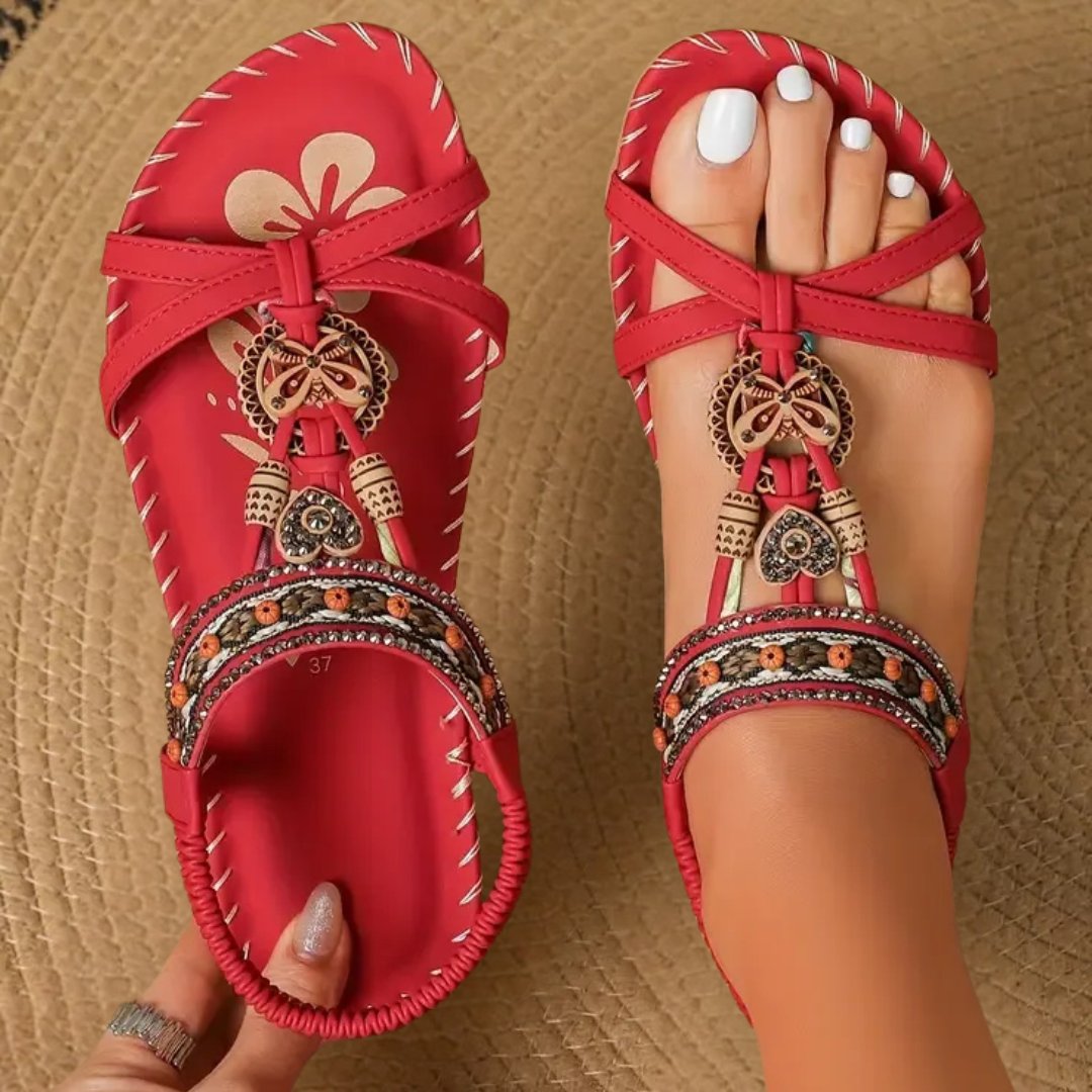 Bohemian flat T-strap sandals for women, offering orthopedic support & casual comfort.