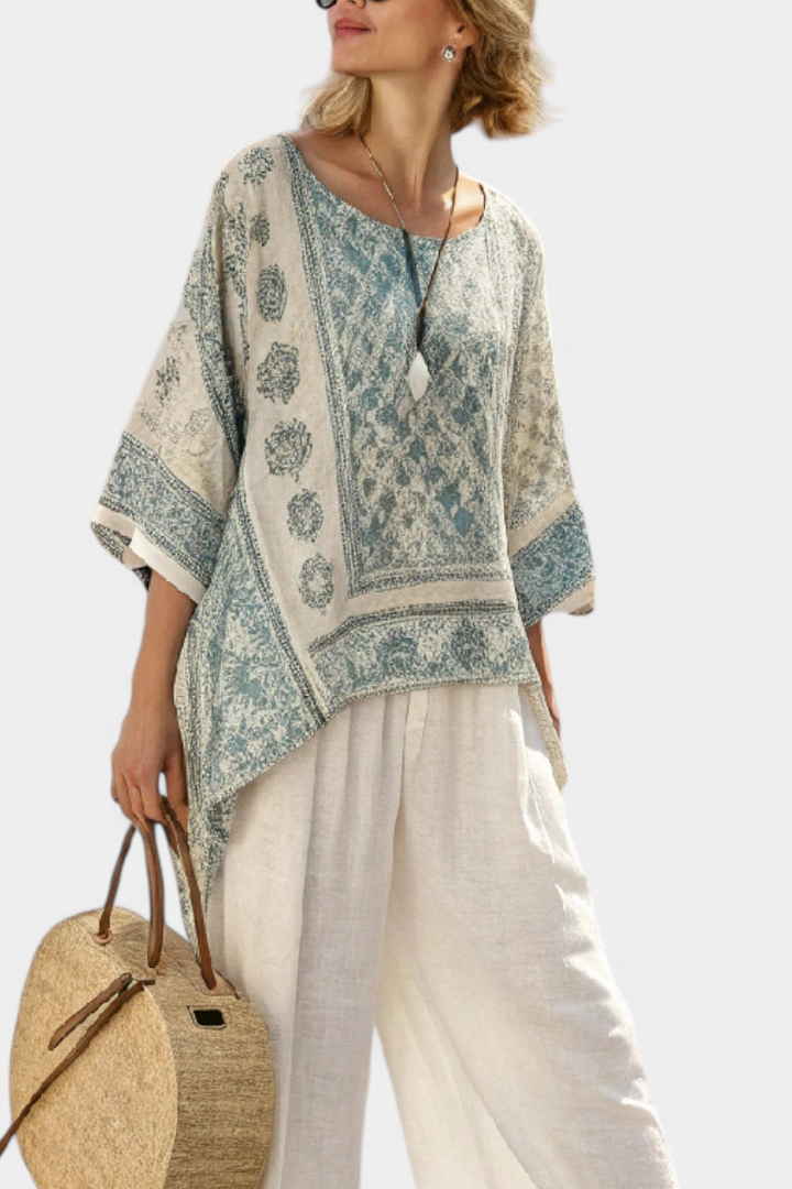 Elegant women's two-piece set featuring a floral batwing blouse & comfortable wide leg pants for summer.