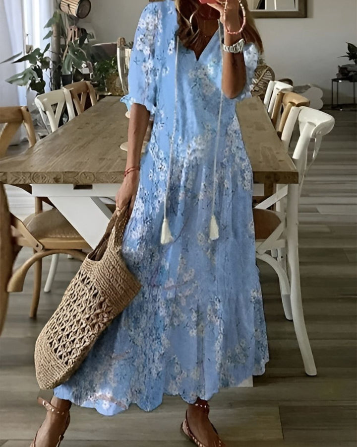 Women's summer floral maxi dress, an effortless bohemian style for vacation.