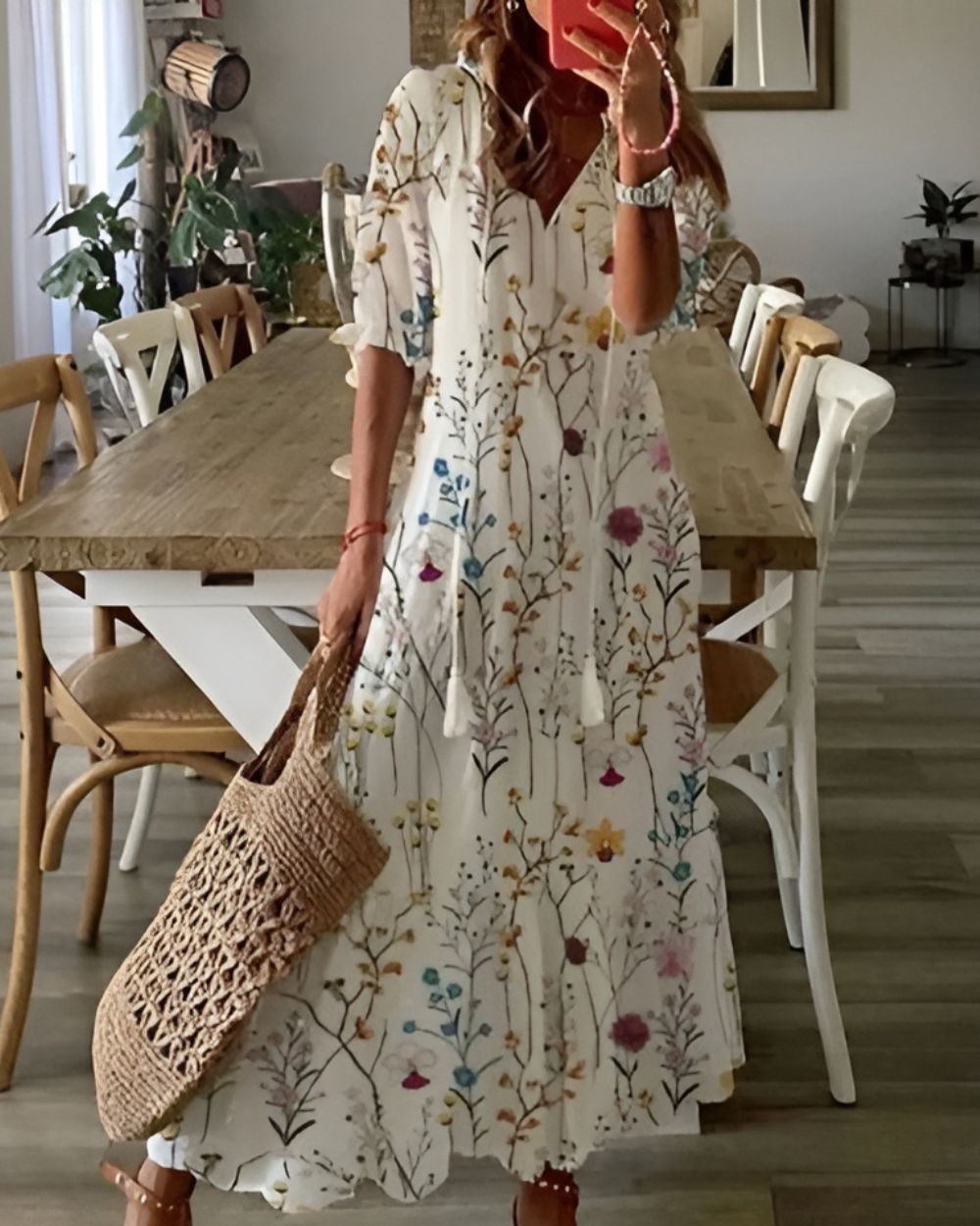 Effortless flowy boho floral maxi dress for women, ideal for beach or summer days.