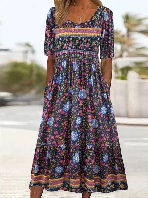 Versatile women's boho floral maxi dress. Short-sleeve, square-neck design for elegant summer parties & casual wear.