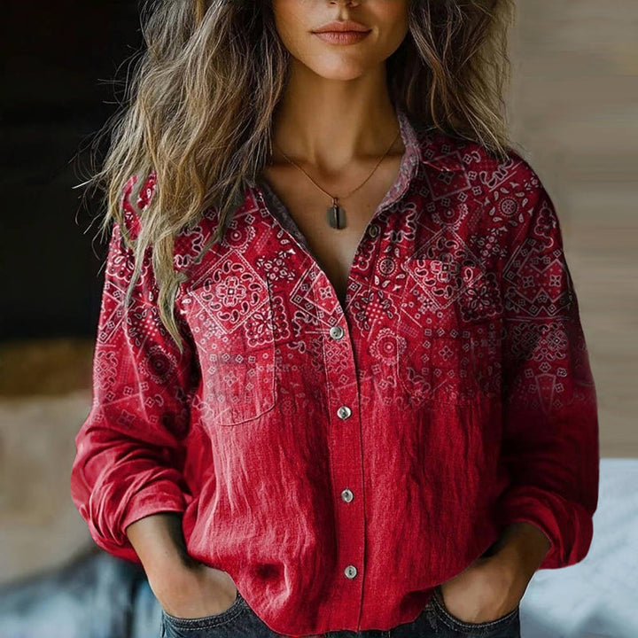Women's boho printed long sleeve shirt for everyday casual style. Relaxed fit blouse with vibrant vintage-inspired patterns.