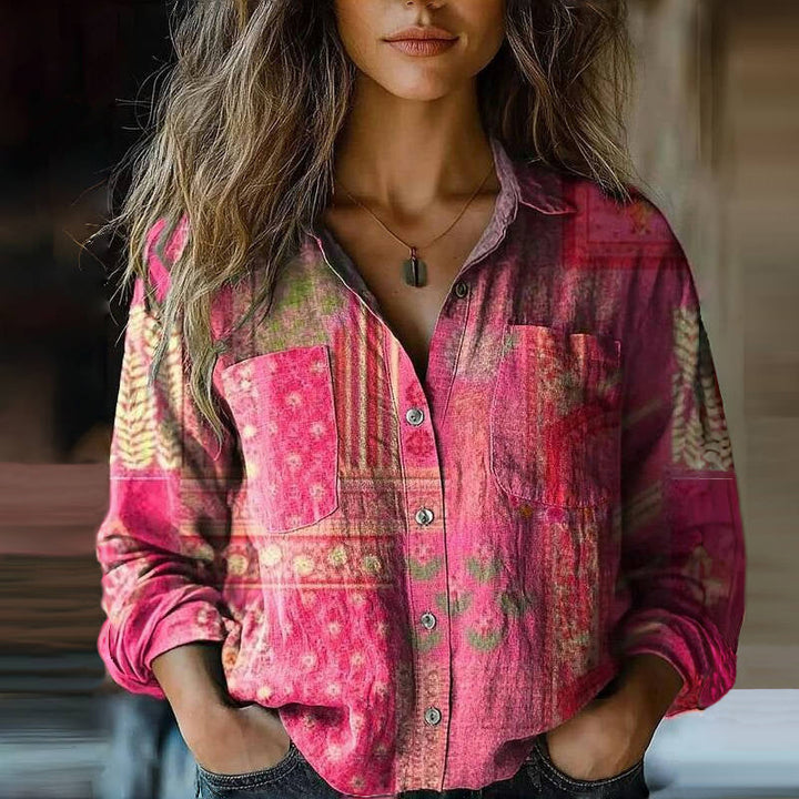 Stylish women's printed long sleeve blouse. Vintage-inspired bohemian top with a relaxed fit for chic everyday wear.